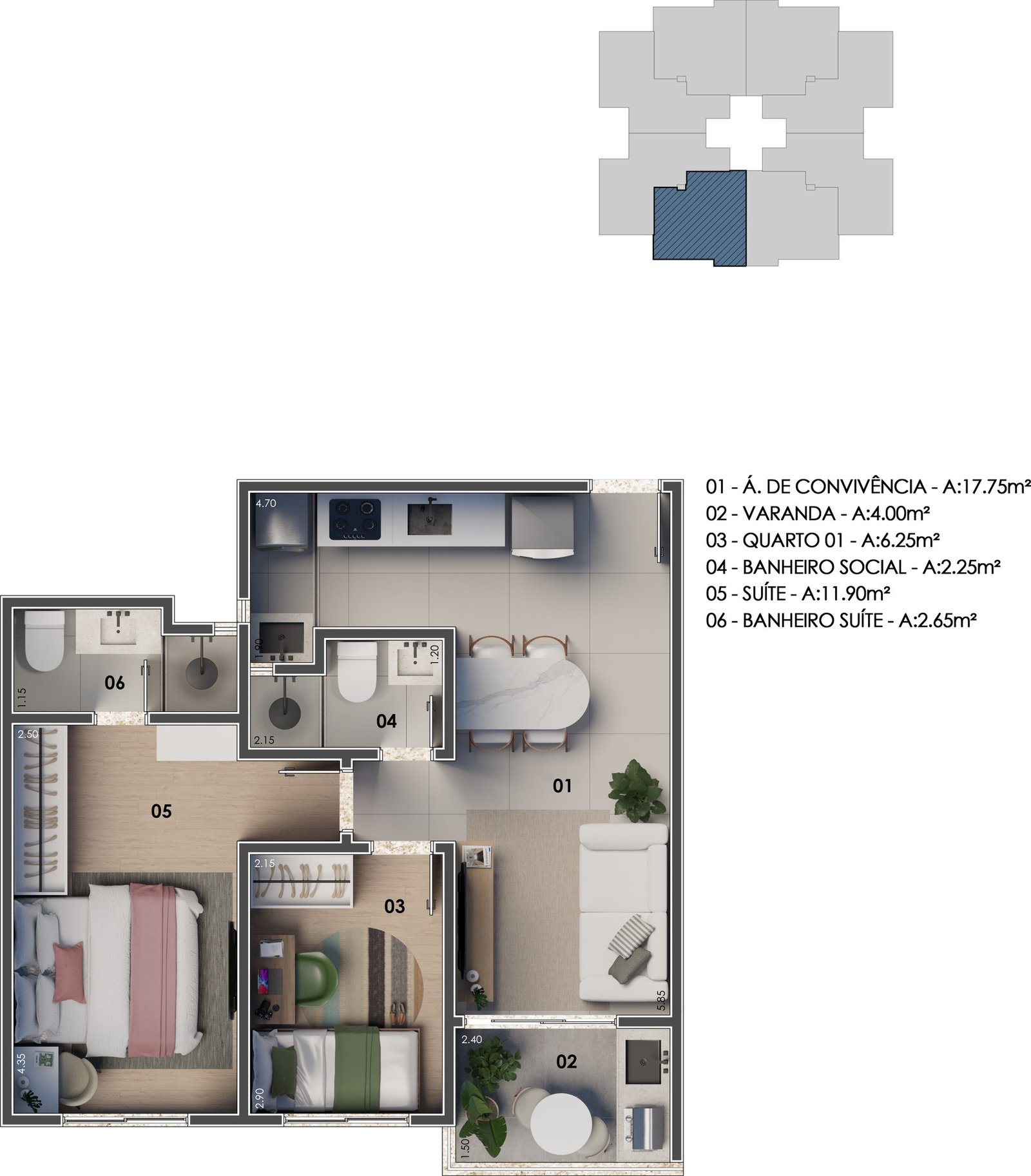 Planta baixa humanizada do apartamento tipo frente do MN Vivendas, 2 quartos com suíte