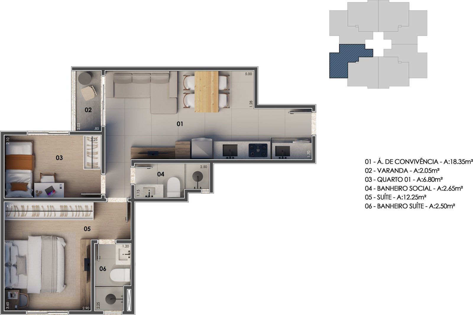Planta baixa humanizada do apartamento tipo meio do MN Vivendas, 2 quartos com suíte